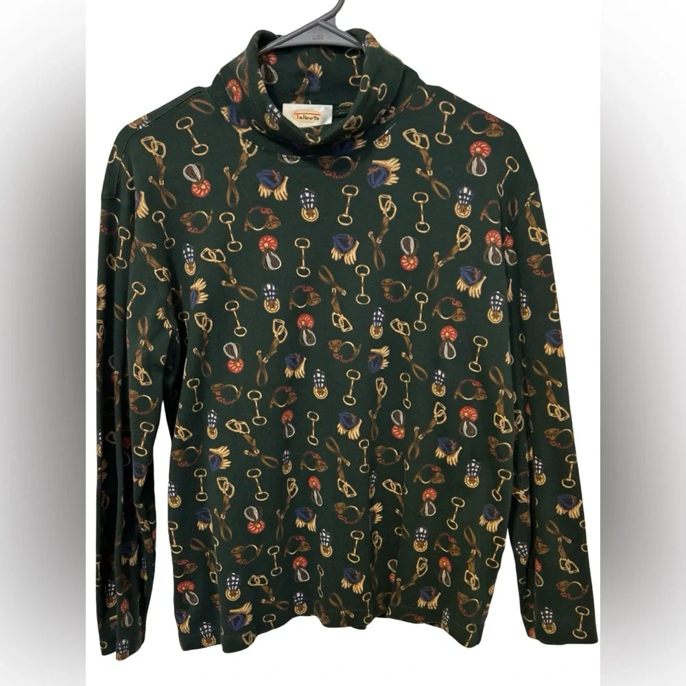 Vtg 90s Talbots Medium Equestrian Print Turtleneck Long Sleeve Top Horse Riding - Picture 3 of 5